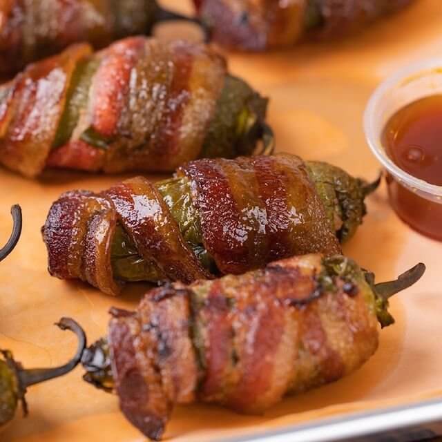 Bacon wrapped peppers and dipping sauce