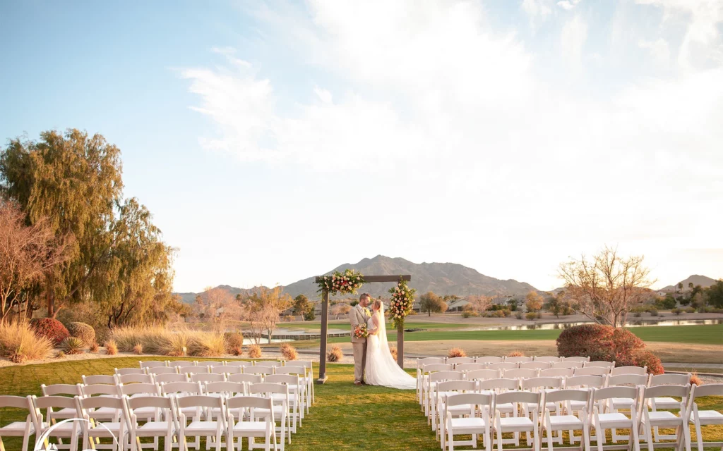 Outdoor wedding with bride and groom