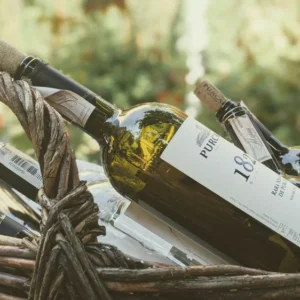 Basket with bottles of wine