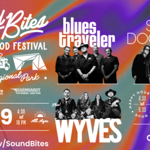 Sound Bites Food & Music Festival Graphic with picture of featured bands, Blues Traveler, Spin Doctors, and Wyves
